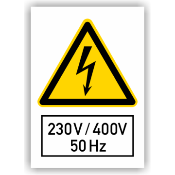 Warnschild, Spannungskennz., 230 V / 400 V, 50Hz, ISO 7010, Aufkleber, Folie, 210 x 297 mm