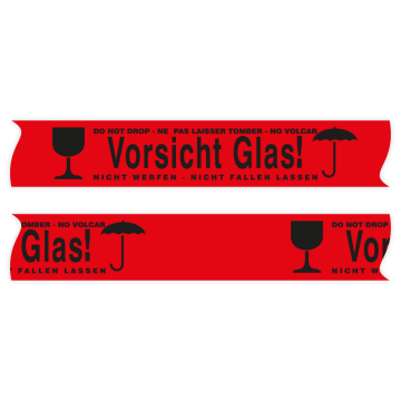 PP-Paketband - Vorsicht Glas! - Nicht werfen, Nicht fallen lassen - 50 mm x 66 m, rot / schwarz