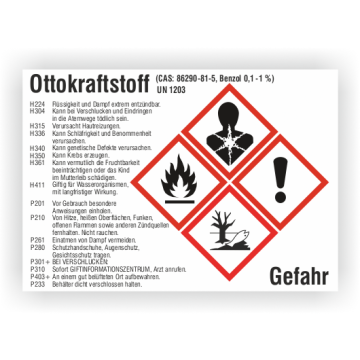 Gefahrstoffetikett Ottokraftstoff UN 1203, gemäß CLP/GHS, Folie, verschiedene Formate