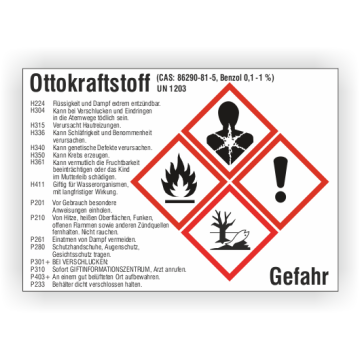 Gefahrstoffetikett Ottokraftstoff UN 1203, gemäß CLP/GHS, Folie, 105 x 74 mm