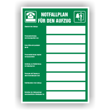 Sicherheitsaushang, Notfallplan für Aufzüge, m. indiv. Eindruck, Kunststoff, 210 x 297 mm