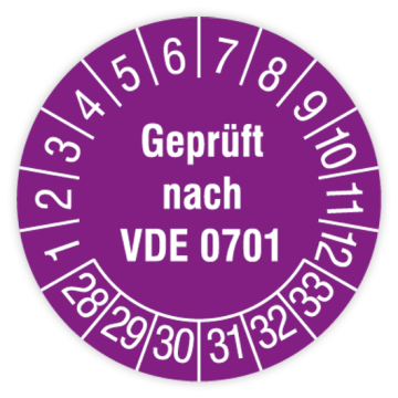 Prüfplakette, Geprüft nach VDE 0701, 2028 - 2033, verschiedene Ausführungen