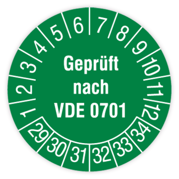 Prüfplakette, Geprüft nach VDE 0701, 2029 - 2034, in verschiedenen Ausführungen