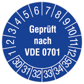 Prüfplakette, Geprüft nach VDE 0701, 2030 - 2035, in verschiedenen Ausführungen
