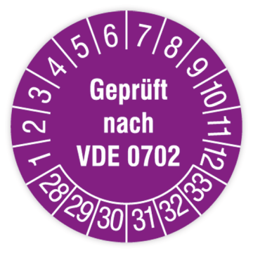 Prüfplakette, Geprüft nach VDE 0702, 2028 - 2033, verschiedene Ausführungen