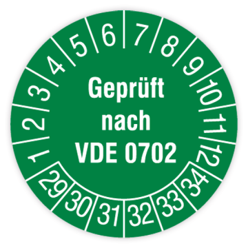 Prüfplakette, Geprüft nach VDE 0702, 2029 - 2034, in verschiedenen Ausführungen