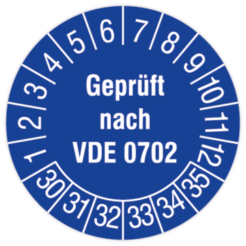 Prüfplakette, Geprüft nach VDE 0702, 2030 - 2035, in verschiedenen Ausführungen