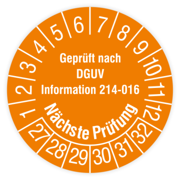Prüfplakette, Gepr. nach DGUV Information 214-016, Nächste Prüfung, 2027, verschiedene Ausführungen