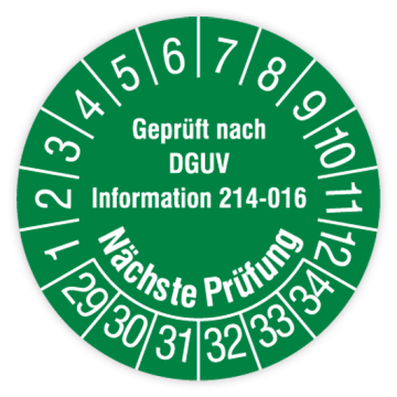 Prüfplakette, Gepr. nach DGUV Information 214-016, Nächste Prüfung, 2029, verschiedene Ausführungen