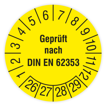 Prüfplakette, Geprüft nach DIN EN 62353, 2026, verschiedene Ausführungen