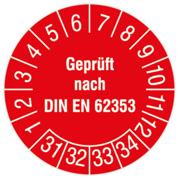 Prüfplakette, Geprüft nach DIN EN 62353, 2031, Dokumentenfolie mit Oberflächenschutz, Ø 30 mm