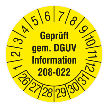 Prüfplakette, Geprüft gem. DGUV Information 208-022, 2026 - 2031, verschiedene Ausführungen