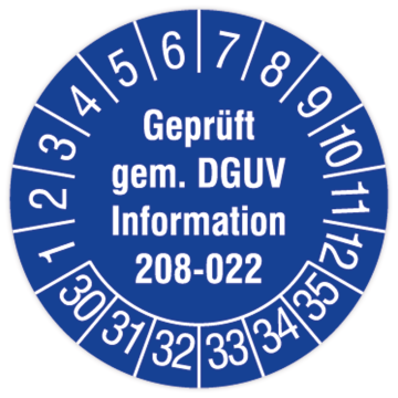 Prüfplakette, Geprüft gem. DGUV Information 208-022, 2030 - 2035, verschiedene Ausführungen