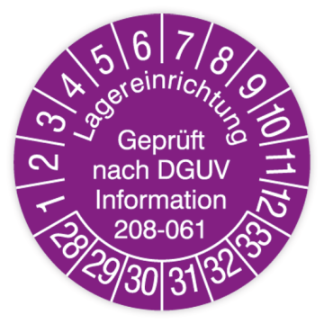 Prüfplakette, Lagereinrichtungen - Gepr. nach DGUV Information 208-061, 2028, verschied. Ausführungen