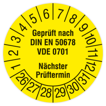 Prüfplakette, Geprüft nach DIN EN 50678, VDE 0701, 2026 - 2031, in verschiedenen Ausführungen