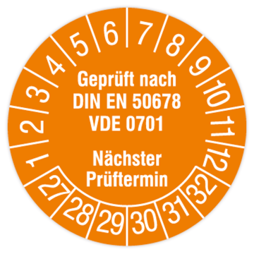 Prüfplakette, Geprüft nach DIN EN 50678, VDE 0701, 2027 - 2032, in verschiedenen Ausführungen
