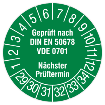 Prüfplakette, Geprüft nach DIN EN 50678, VDE 0701, 2029 - 2034, in verschiedenen Ausführungen