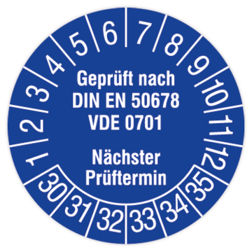 Prüfplakette, Geprüft nach DIN EN 50678, VDE 0701, 2030 - 2035, in verschiedenen Ausführungen