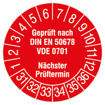 Prüfplakette, Geprüft nach DIN EN 50678, VDE 0701, 2031 - 2036, Ø 15 oder 30 mm