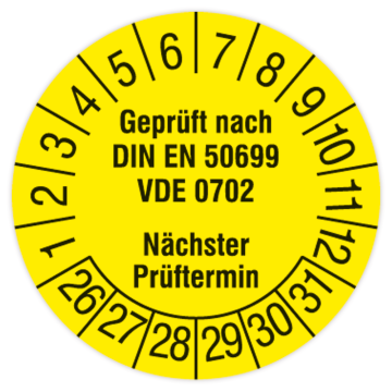 Prüfplakette, Geprüft nach DIN EN 50699, VDE 0702, 2026 - 2031, in verschiedenen Ausführungen