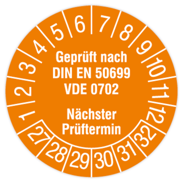 Prüfplakette, Geprüft nach DIN EN 50699, VDE 0702, 2027 - 2032, in verschiedenen Ausführungen
