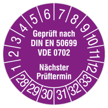 Prüfplakette, Geprüft nach DIN EN 50699, VDE 0702, 2028 - 2033, in verschiedenen Ausführungen