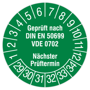 Prüfplakette, Geprüft nach DIN EN 50699, VDE 0702, 2029 - 2034, in verschiedenen Ausführungen