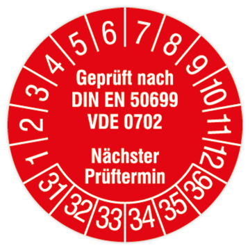 Prüfplakette, Geprüft nach DIN EN 50699, VDE 0702, 2031 - 2036, Ø 15 oder 30 mm