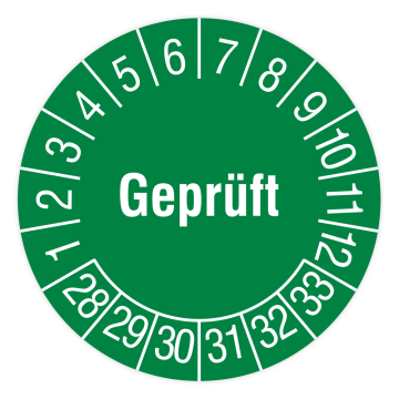 Prüfplakette, Geprüft, 2028 - 2033, grün, in verschiedenen Ausführungen