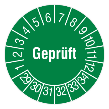 Prüfplakette, Geprüft, 2029 - 2034, grün, in verschiedenen Ausführungen