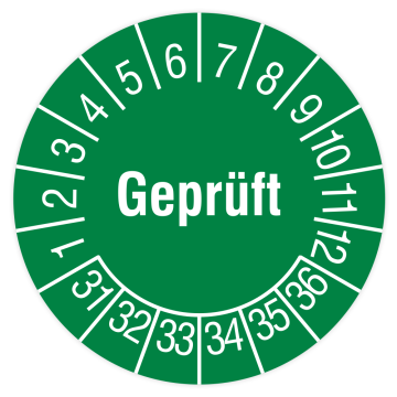 Prüfplakette, Geprüft, 2031 - 2036, grün, in verschiedenen Ausführungen