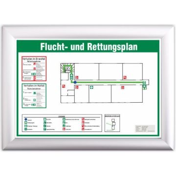 Fluchtplan, weiß, Aluminiumrahmen, silber elox. B1-zert., DIN A2,  nach ihrer druckfertigen Datei