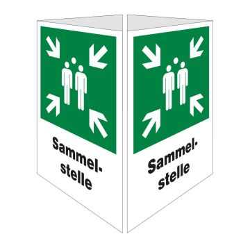 Sammelstelle-Schild, Würfel, ISO 7010, 4-seitig Aluminium, 400 x 600 x 400 mm, mit Bandschelle
