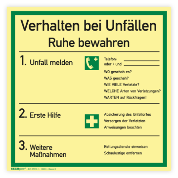Sicherheitsaushang, Verhalten bei Unfällen, ASR A1.3 (2013), SECUglow 185, 180x180mm