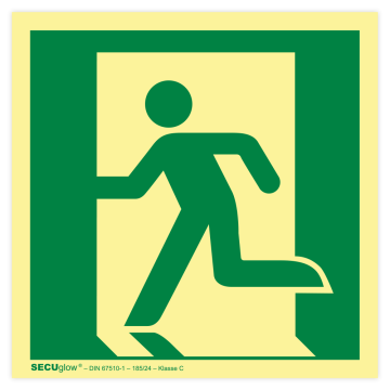 Rettungszeichen, Notausgang/Rettungsweg links, ISO 7010, langnachleuchtend, SECUglow
