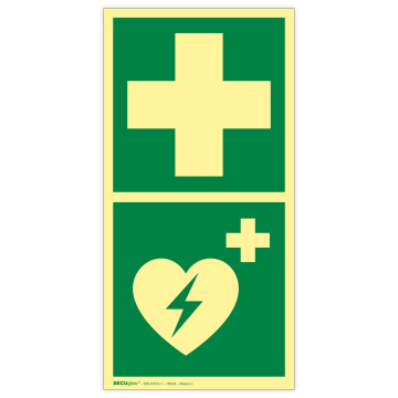 Rettungszeichen Erste Hilfe / Defibrillator (AED), ISO 7010, SECUglow 185, Kunststoff,