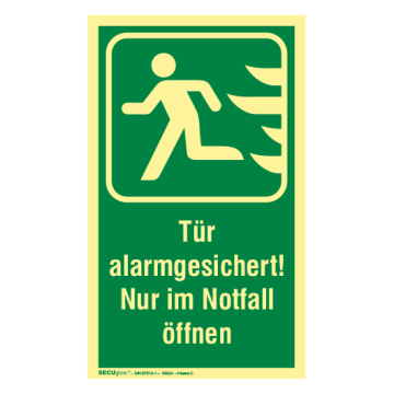 Rettungszeichen, Tür alarmgesichert,  SECUglow 185 linksw., praxisbew., Aufkl., Folie, 120 x 200 mm