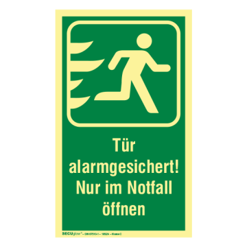 Rettungszeichen, Tür alarmgesichert,  SECUglow 185 rechtsw., praxisbew., Aufkl., Folie, 120 x 200 mm
