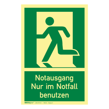 Rettungszeichen,Notausgang Nur im Notfall benutzen links, SECUglow 185,