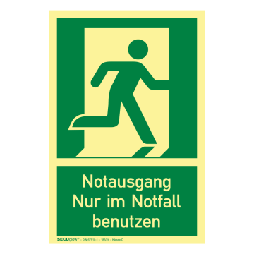 Rettungszeichen,Notausgang Nur im Notfall benutzen rechts, SECUglow 185,