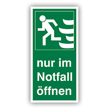 Rettungszeichen, Nur im Notfall öffnen, links praxisbewährt, Aufkleber, Folie, 74 x 148 mm