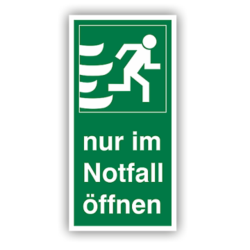 Rettungszeichen, Nur im Notfall öffnen, rechts praxisbewährt, Aufkleber, Folie, 74 x 148 mm