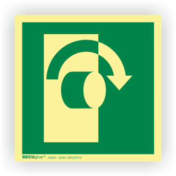 Rettungszeichen, Öffnen durch Rechtsdrehung, ISO 7010, langnachleuchtend, SECUglow