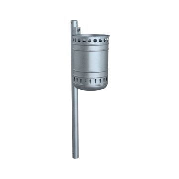 Abfallbehälter rund, Lochkranz, Höhe 450mm, 35L, Ø320mm, Schiene, Schlüssel, Pfosten, verzinkt