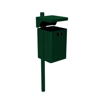 Abfallbehälter eckig, mit Dach und Ascher, Höhe 440 mm, 40L, mit Standpfosten Ø60mm, Moosgrün