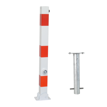 Absperrpfosten umlegbar 70 x 70 mm, zum Einbetonieren, Dreikantverschluss, weiß/rot
