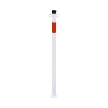 Absperrpfosten Ø 42 mm, zum Aufdübeln, 900 mm Überflur, m. Bodenplatte, weiß/rot, 2 Ösen