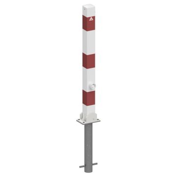 Absperrpfosten 70x70mm, herausnehmbar, Bodenhülse, 900mm Überflur, umlegbar, Dreikant, weiß/rot
