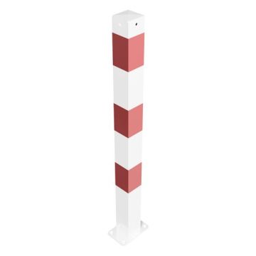 Absperrpfosten 70x70mm, ortsfest, zum Aufdübeln, 900mm Überflur, mit Bodenplatte, 1 Öse, weiß/rot