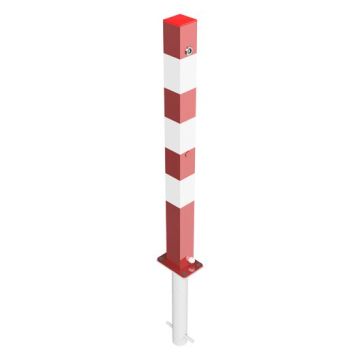Absperrpfosten 70x70mm, zum Einbetonieren, 900mm Überflur, umlegbar, Dreikant+Schlüssel, rot/weiß